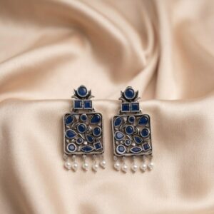 Ethnic Blue Stone Statement Earrings with Pearl Drops