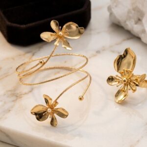 Golden Blossom Wrap Bracelet & Adjustable Floral Ring Set