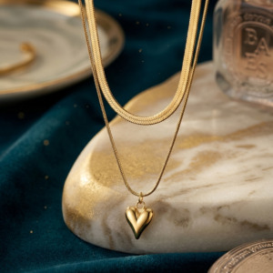 Golden Heart Pendant Necklace with Layered Chain