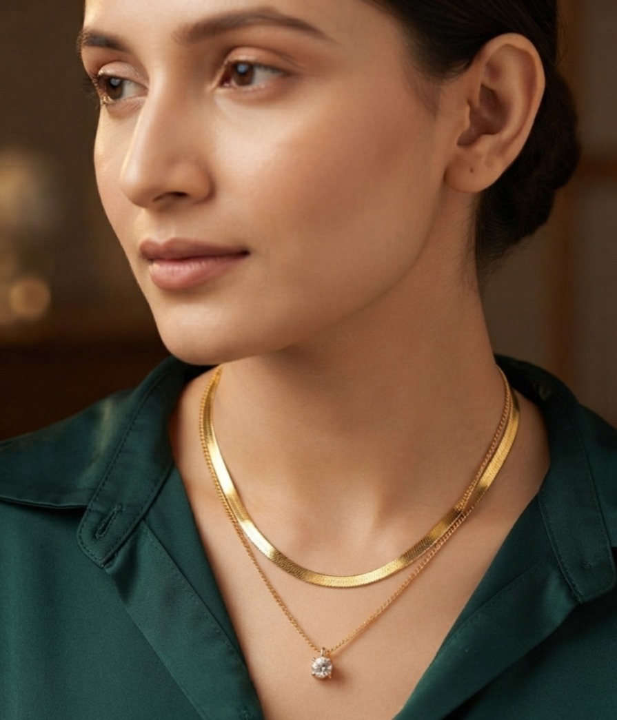 Elegant Gold Layered Necklace with Solitaire Pendant - Image 2