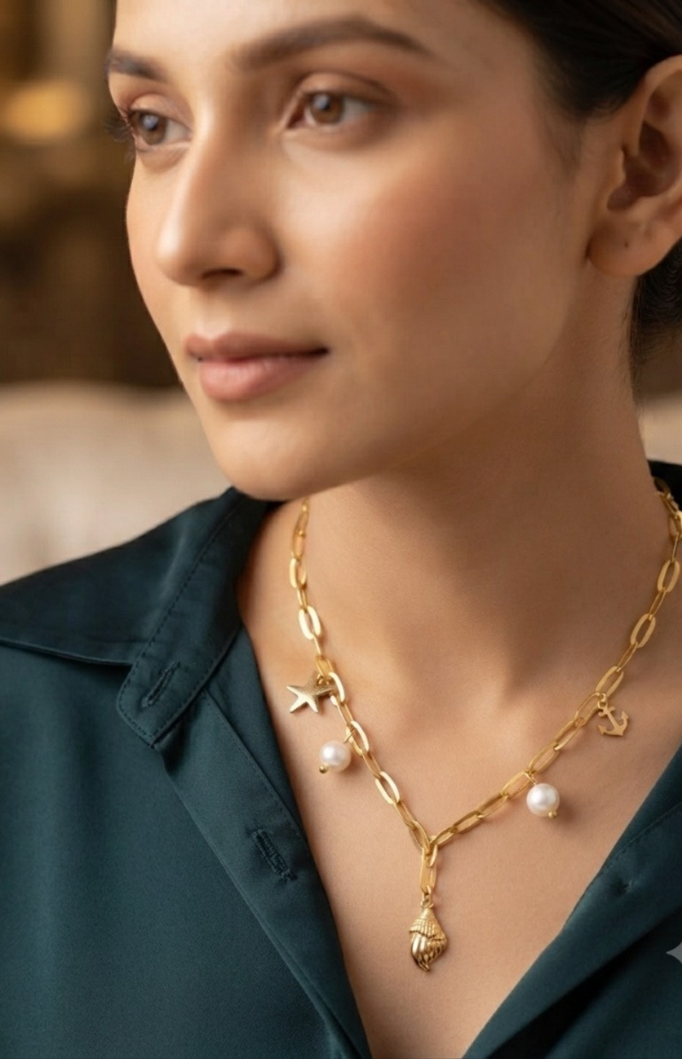 Pearl Charm Gold Paperclip Necklace - Image 2