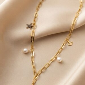 Pearl Charm Gold Paperclip Necklace