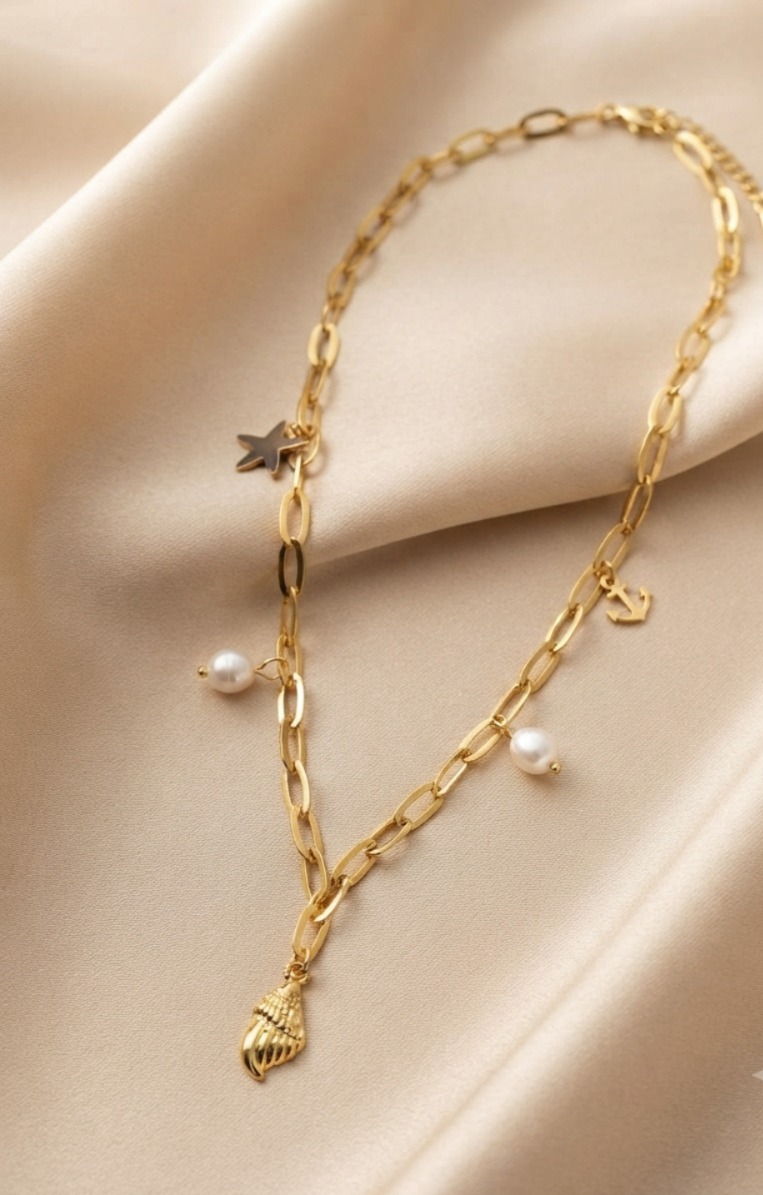 Pearl Charm Gold Paperclip Necklace