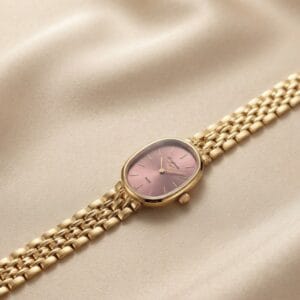 Elegant Gold-Tone Oval Pink Dial Bracelet Watch
