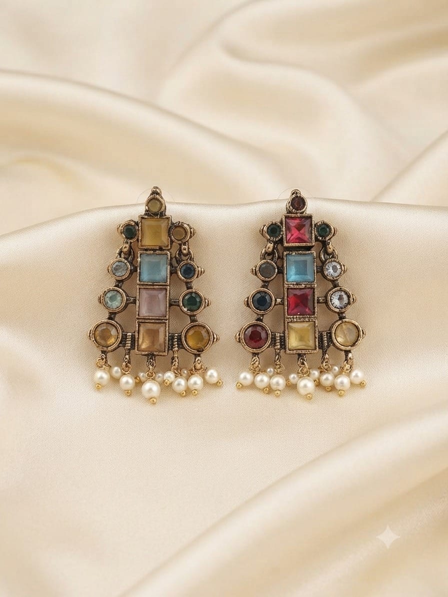 Multicolor Ratan Statement Earrings with Pearl Drops