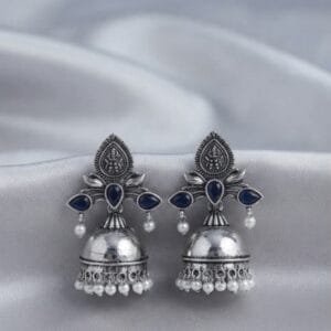 Lavanya Oxidized Silver Jhumka Earrings with Blue & Ruby Stones