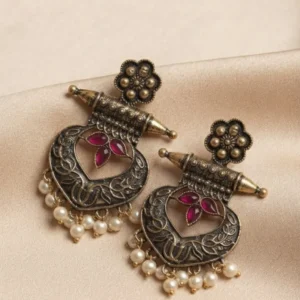 Antique Gold-Toned Floral Jhumki Earrings with Pearl Drops