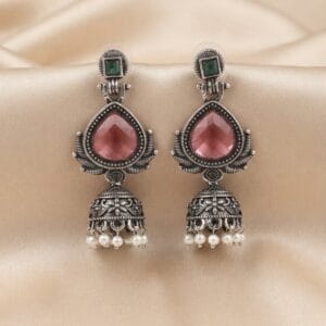 Traditional Oxidised Silver Jhumki Earrings with Stone & Pearl Drops